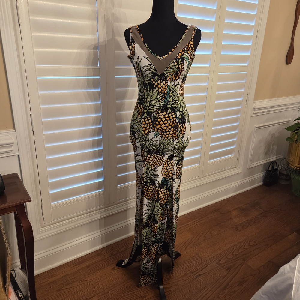 Tropical Pineapple Print Maxi Dress - Green/Yellow